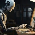 Robot working alone on laptop - AI in Education